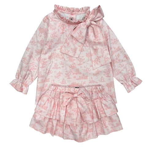Phi Clothing Girls Pink Toile Bow Short Set Phi Clothing Girls Pink Toile Bow Short Set