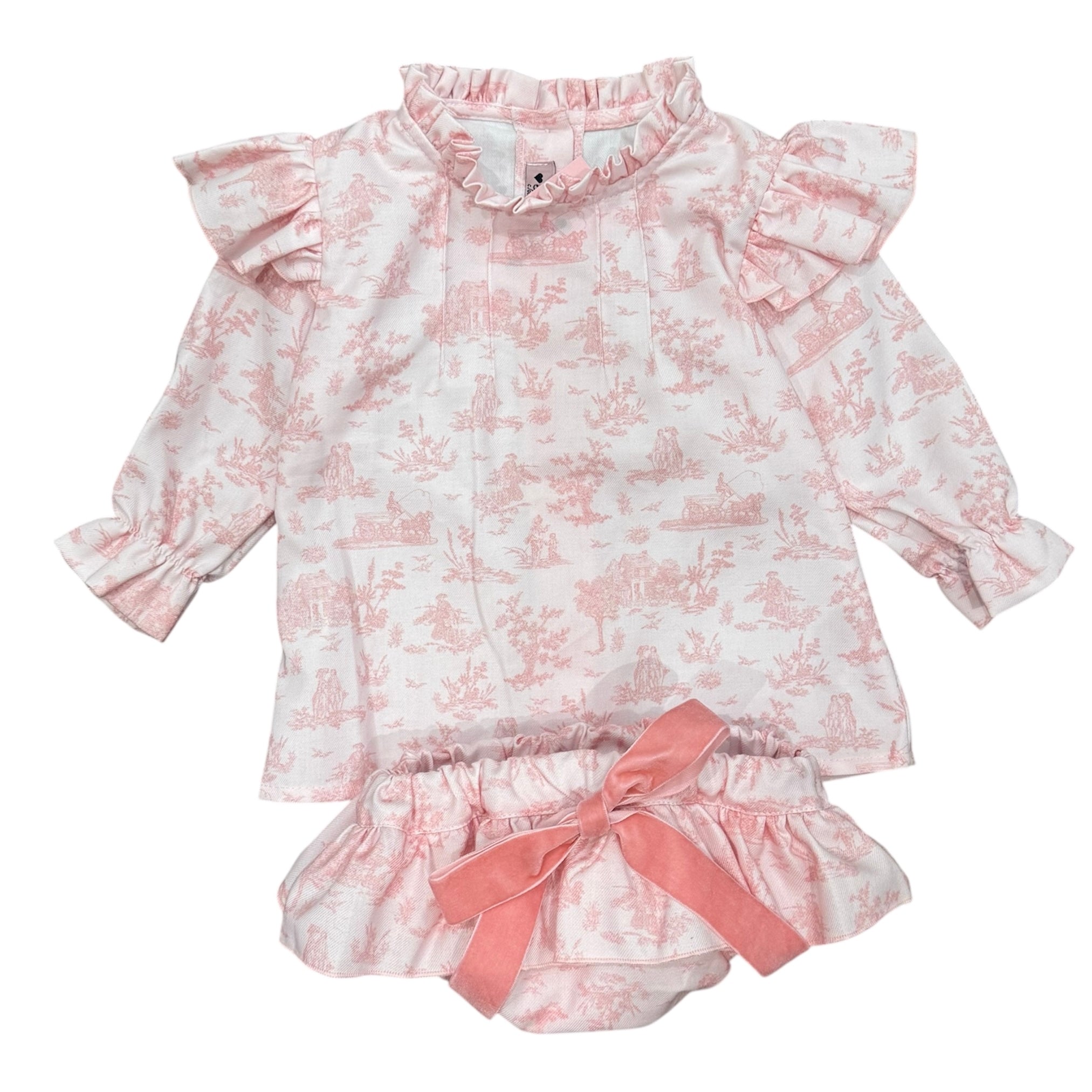 Phi Clothing Baby Girls Pink Toile Bow Short Set Phi Clothing Baby Girls Pink Toile Bow Short Set