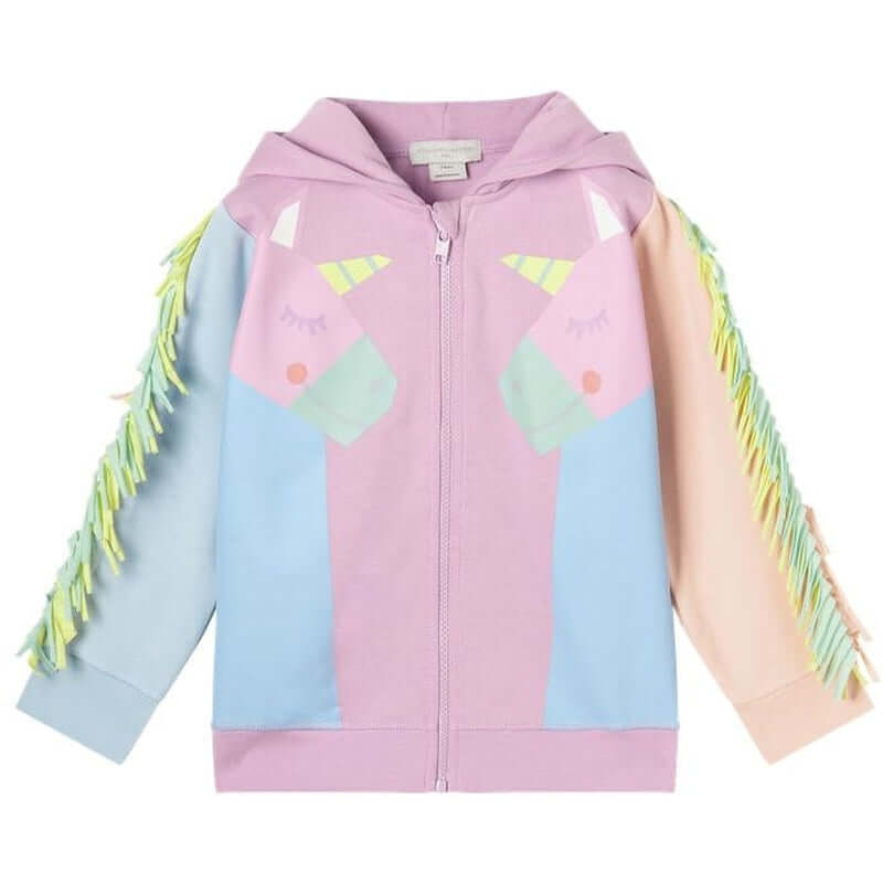 Stella McCartney Kids Girls Pink Unicorn Fringe Zip Up Hoodie Stella McCartney Kids Girls Pink Unicorn Fringe Zip Up Hoodie