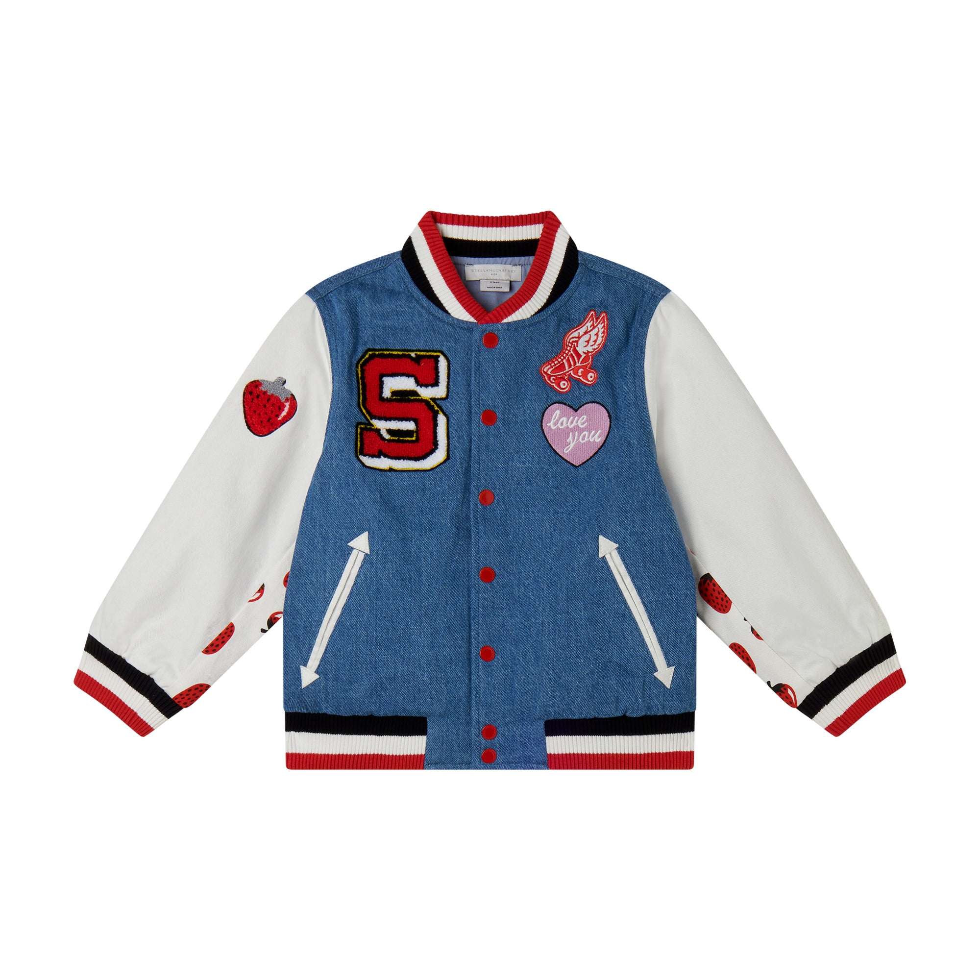 Stella McCartney Kids Girls Denim Strawberry Bomber Jacket Stella McCartney Kids Girls Denim Strawberry Bomber Jacket