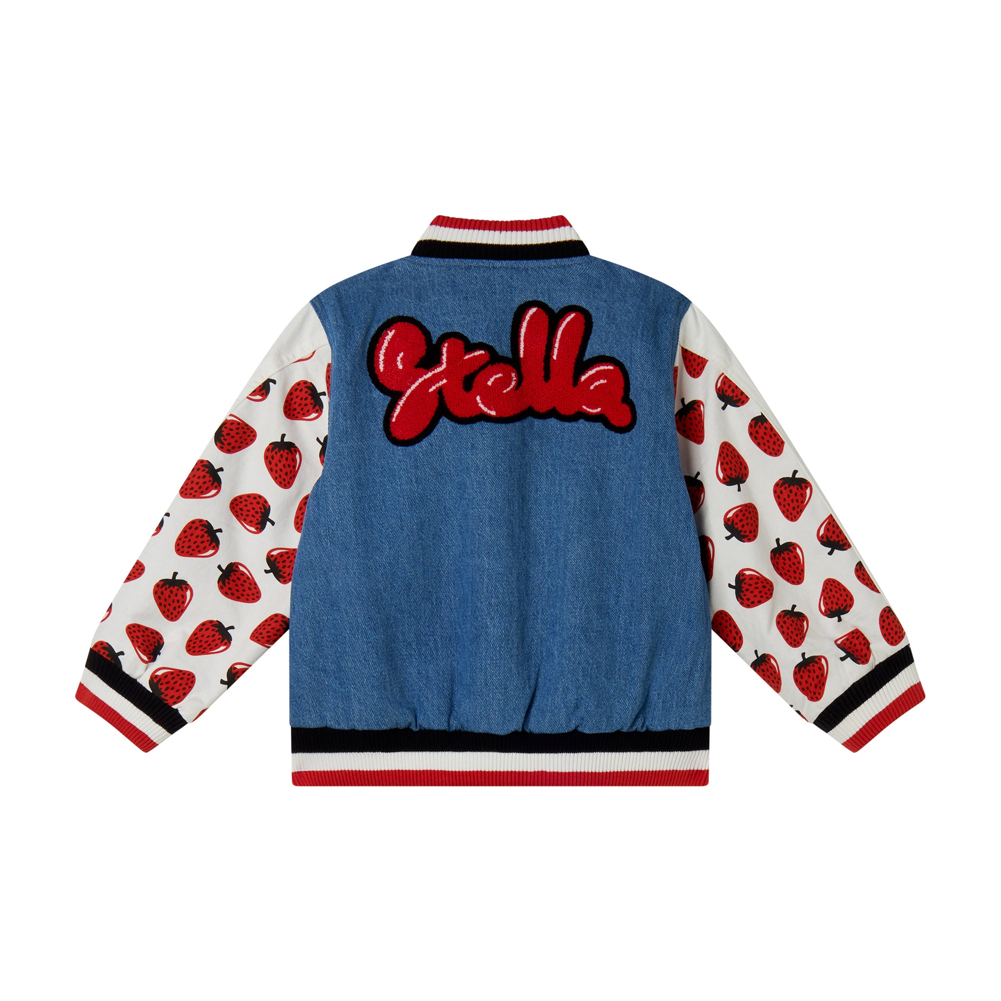 Stella McCartney Kids Girls Denim Strawberry Bomber Jacket Stella McCartney Kids Girls Denim Strawberry Bomber Jacket
