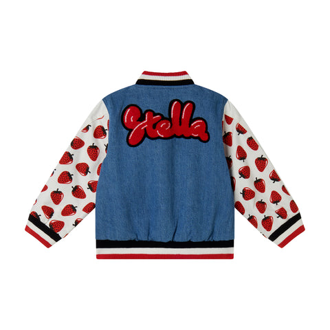 Stella McCartney Kids Girls Denim Strawberry Bomber Jacket Stella McCartney Kids Girls Denim Strawberry Bomber Jacket