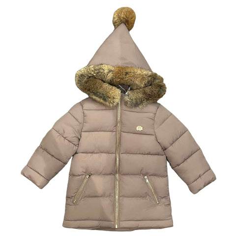 Tartine Et Chocolat Girls Taupe Fur Pompom Coat Tartine Et Chocolat Girls Taupe Fur Pompom Coat
