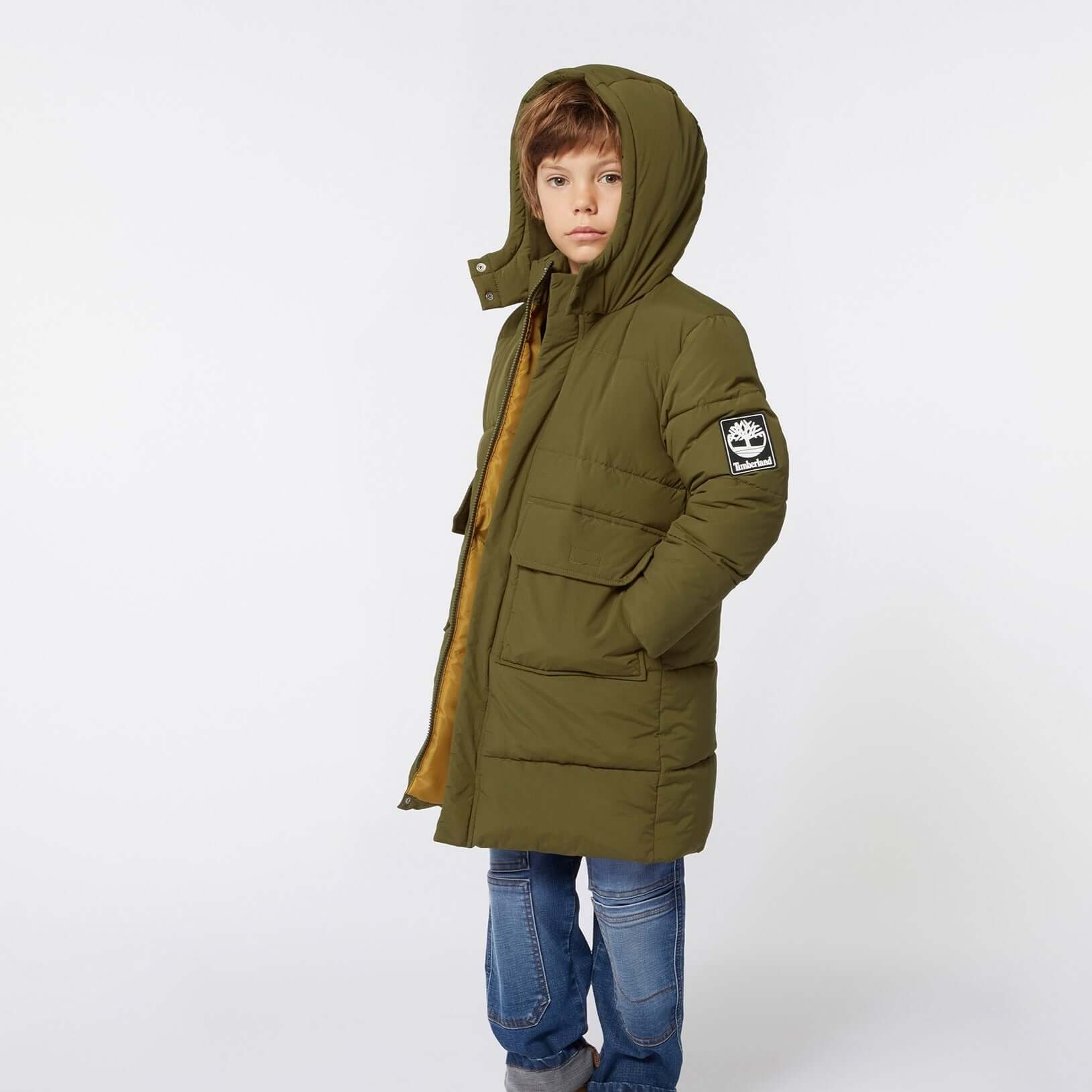 Timberland Kids Boys Khaki Long Puffer Coat Timberland Kids Boys Khaki Long Puffer Coat