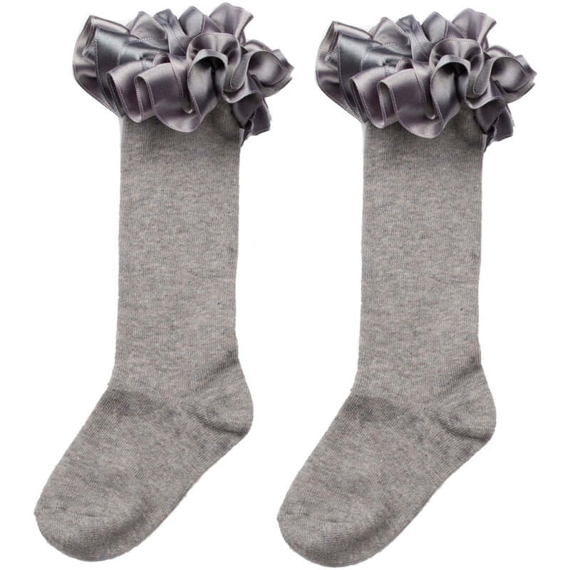 Caramelo Kids Girls Grey Ruffle Ribbon Knee Length Socks