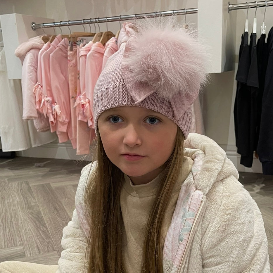 Catya Girls Rose Pink Marino Wool Hat With Fur Pom & Bow Catya Girls Rose Pink Marino Wool Hat With Fur Pom & Bow