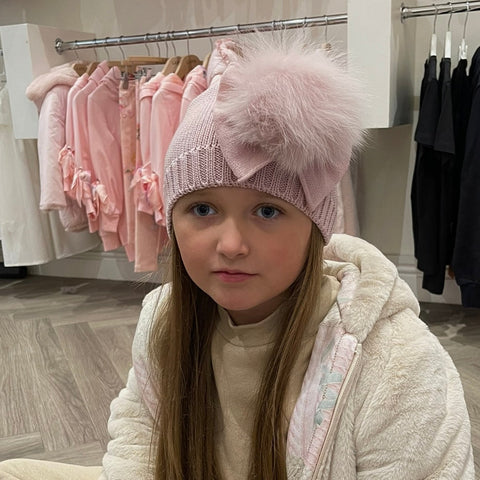 Catya Girls Rose Pink Marino Wool Hat With Fur Pom & Bow Catya Girls Rose Pink Marino Wool Hat With Fur Pom & Bow