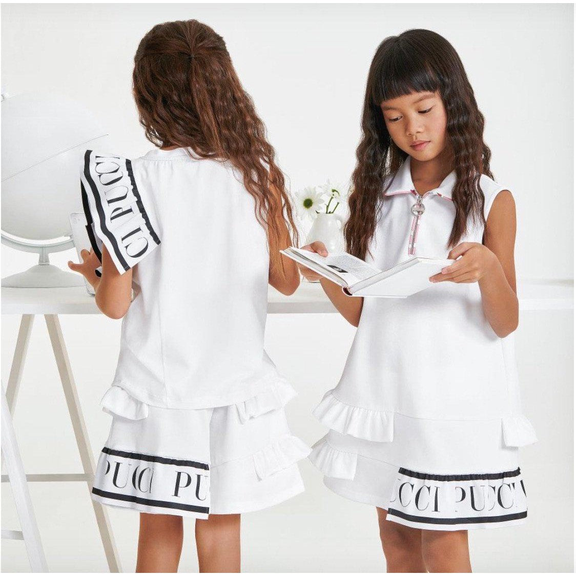 Emilio Pucci Girls White Ruffle Logo Top Emilio Pucci Girls White Ruffle Logo Top