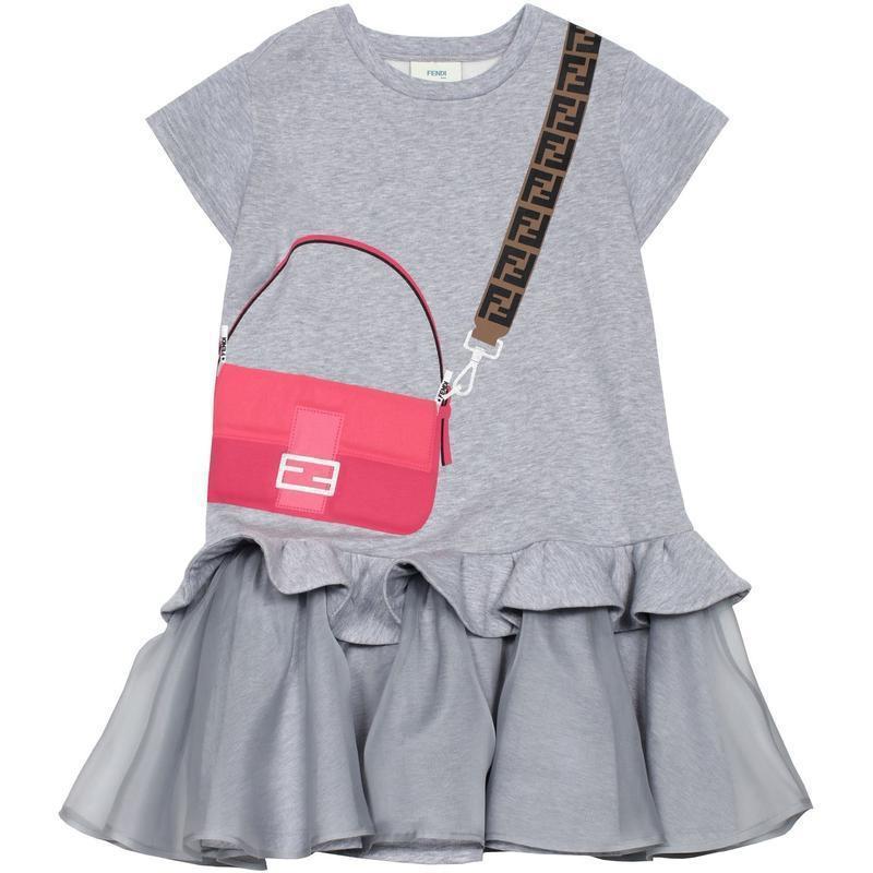 Fendi Girls Grey Silk Tiered FF Bag Dress Fendi Girls Grey Silk Tiered FF Bag Dress