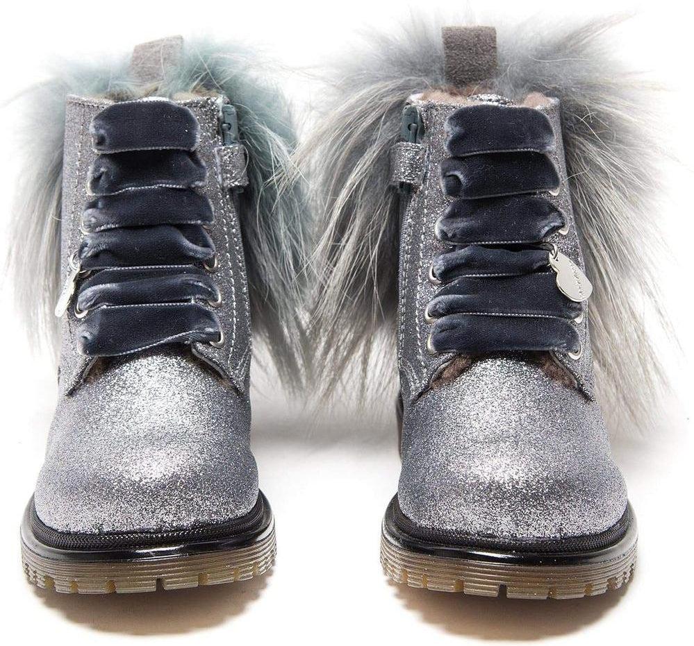 Monnalisa Girls Grey Glitter Fur Pom Pom Boots Monnalisa Girls Grey Glitter Fur Pom Pom Boots
