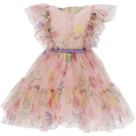 Monnalisa Girls Pink Floral Tulle Dress Monnalisa Girls Pink Floral Tulle Dress