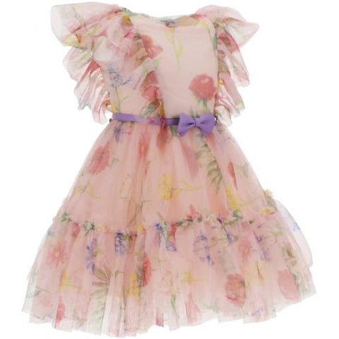 Monnalisa Girls Pink Floral Tulle Dress Monnalisa Girls Pink Floral Tulle Dress