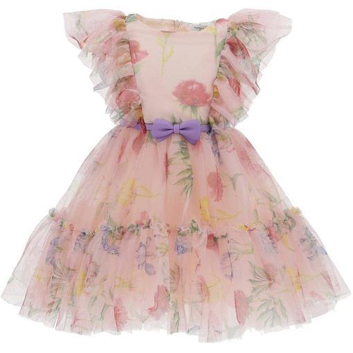 Monnalisa Girls Pink Floral Tulle Dress Monnalisa Girls Pink Floral Tulle Dress