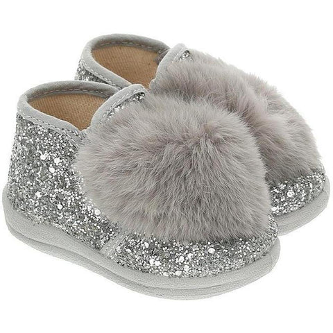 Monnalisa Girls Silver Glitter Pom Pom Shoe Monnalisa Girls Silver Glitter Pom Pom Shoe