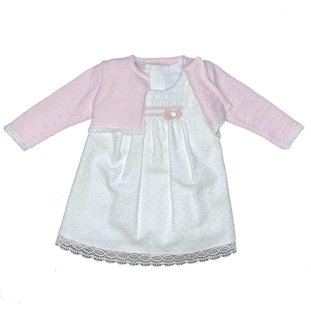 Paz Rodriguez White Woven Dress and Pink Cardigan Set Paz Rodriguez White Woven Dress and Pink Cardigan Set