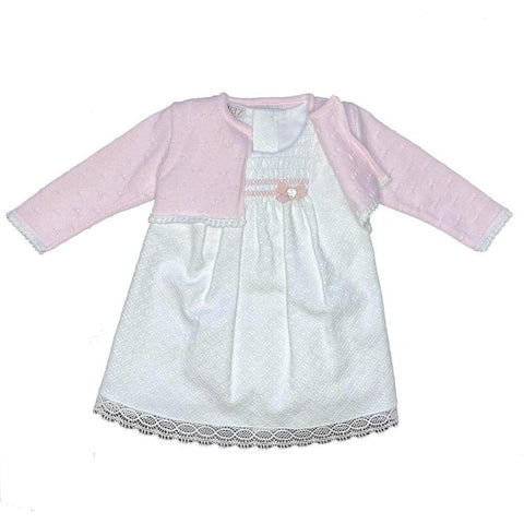 Paz Rodriguez White Woven Dress and Pink Cardigan Set Paz Rodriguez White Woven Dress and Pink Cardigan Set