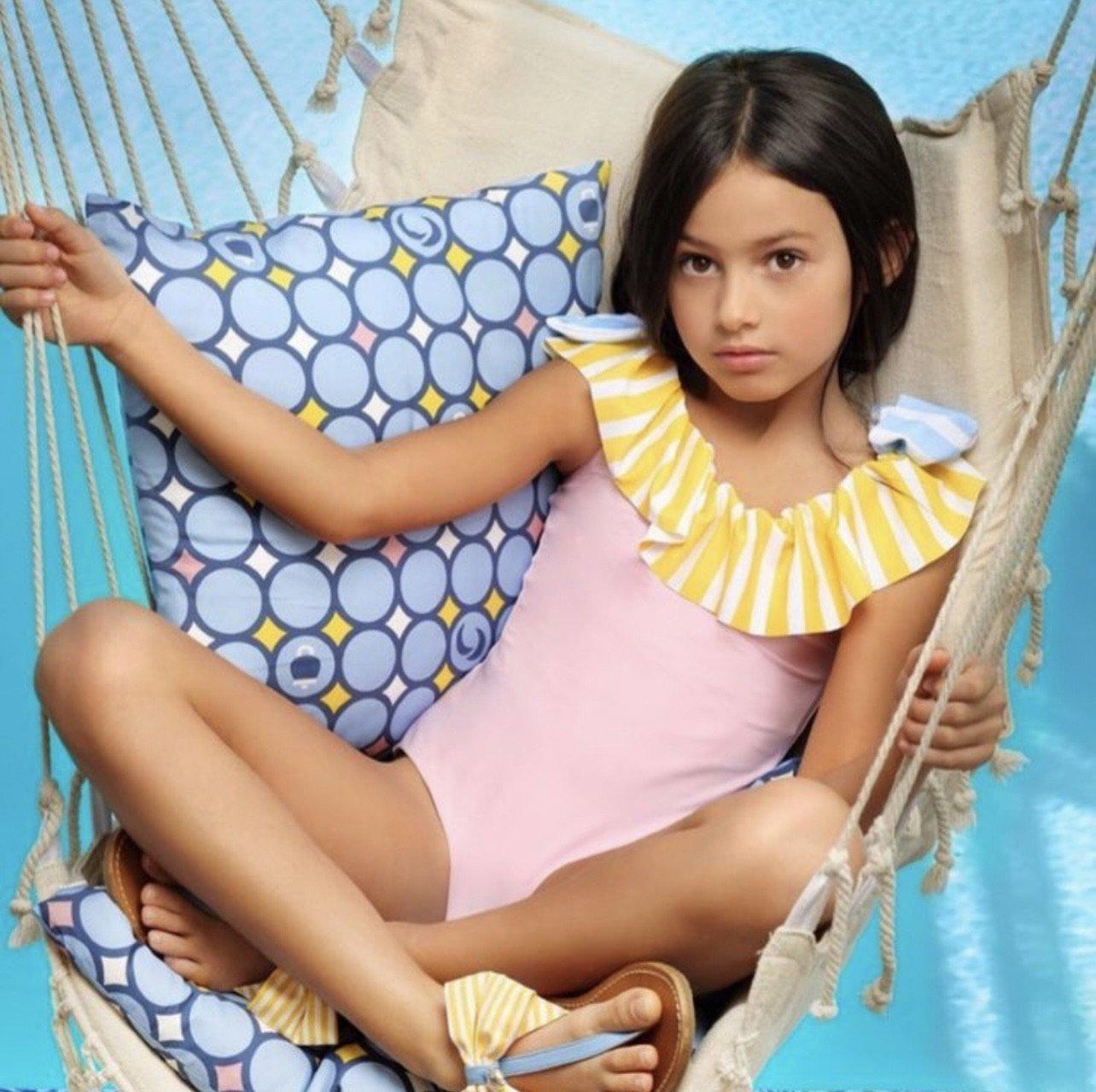 Simonetta Girls Pink Yellow Frill Swimsuit Simonetta Girls Pink Yellow Frill Swimsuit