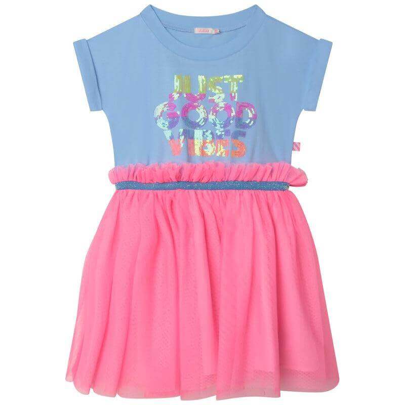Billieblush Girls Blue & Pink Good Vibes Tulle Dress Billieblush Girls Blue & Pink Good Vibes Tulle Dress