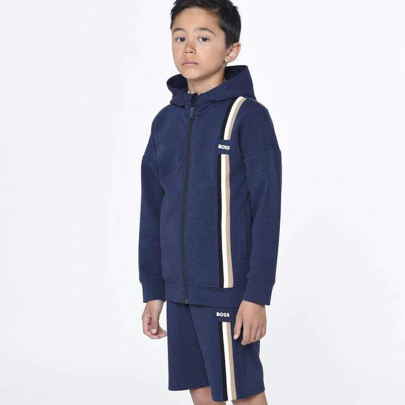 BOSS Boys Navy Striped Zip Up Hoodie BOSS Boys Navy Striped Zip Up Hoodie