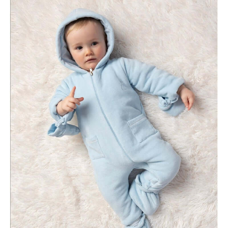 Caramelo Kids Baby Boys Blue Velour Snowsuit With Booties And Mittens Caramelo Kids Baby Boys Blue Velour Snowsuit With Booties And Mittens