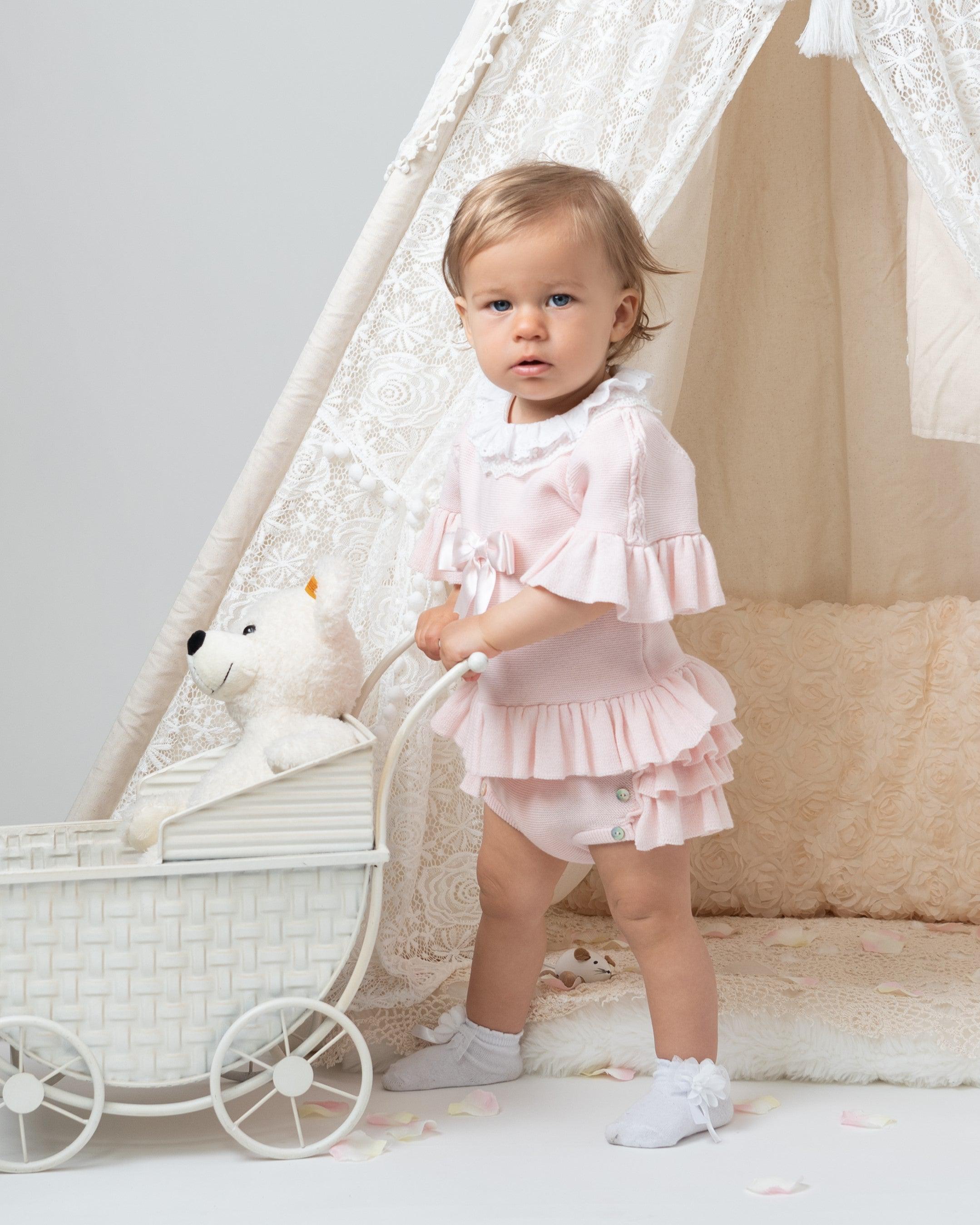Caramelo Kids Baby Girls Pink Lace Collar Knitted Bloomer Set Caramelo Kids Baby Girls Pink Lace Collar Knitted Bloomer Set