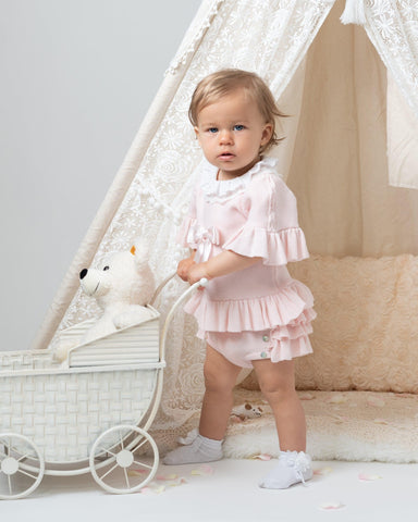 Caramelo Kids Baby Girls Pink Lace Collar Knitted Bloomer Set Caramelo Kids Baby Girls Pink Lace Collar Knitted Bloomer Set