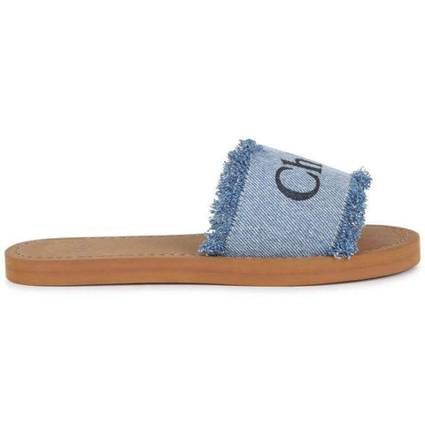 Chloe Girls Logo Print Denim Fringed Sandals Chloe Girls Logo Print Denim Fringed Sandals