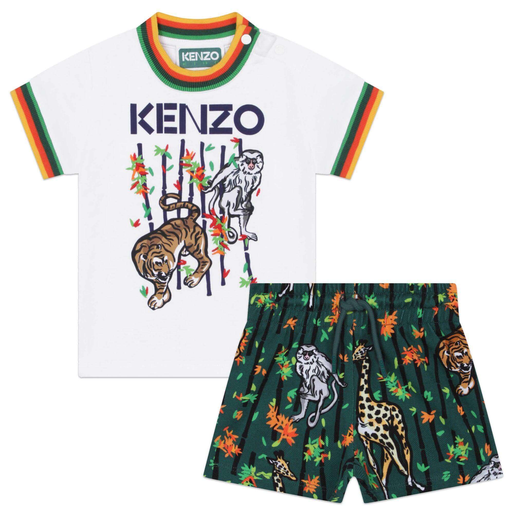 Kenzo Kids Baby Boys Green And White Cotton Bamboo Tiger Shorts Set. Kenzo Kids Baby Boys Green And White Cotton Bamboo Tiger Shorts Set.