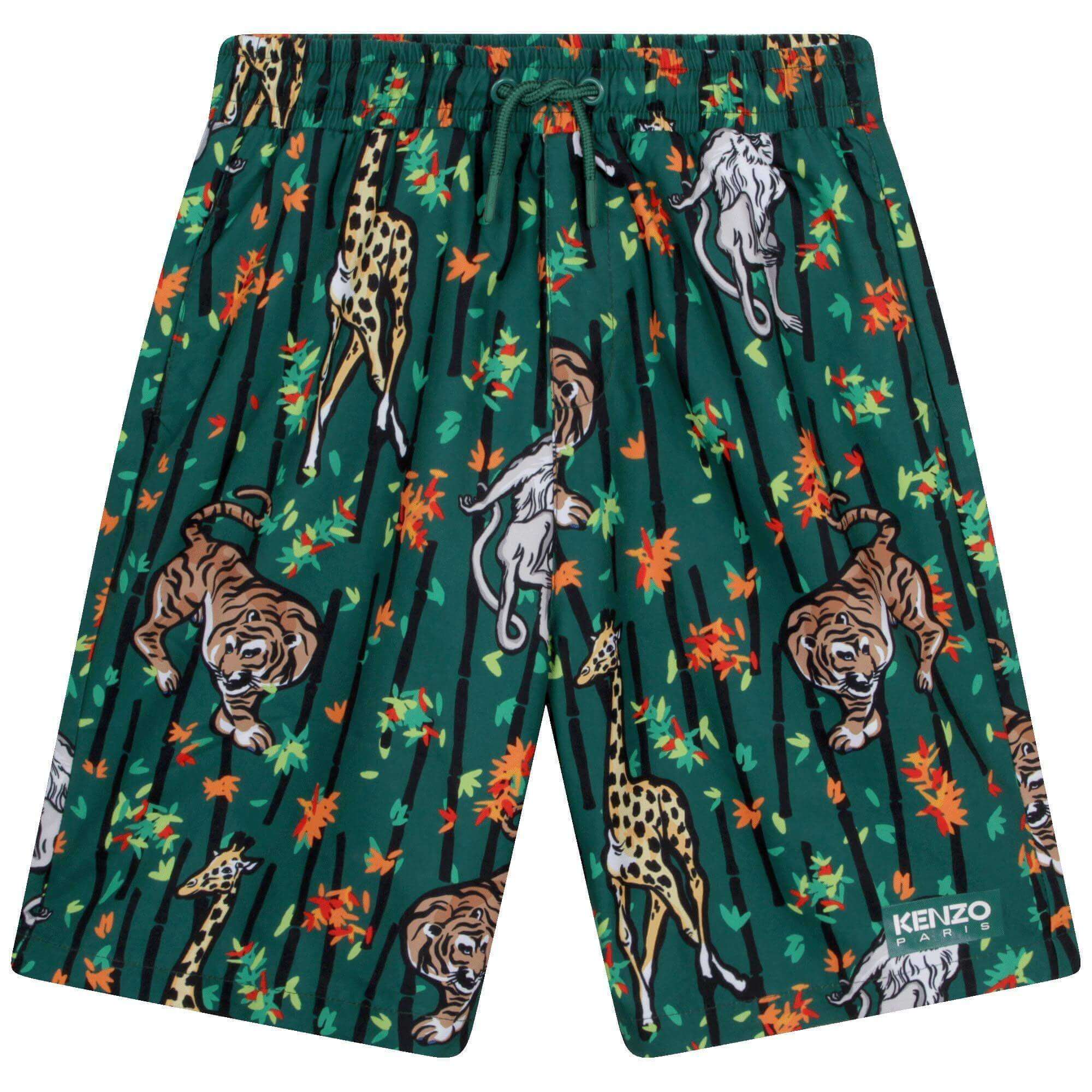 Kenzo Kids Boys Green Bamboo Tiger Print Swim Shorts Kenzo Kids Boys Green Bamboo Tiger Print Swim Shorts