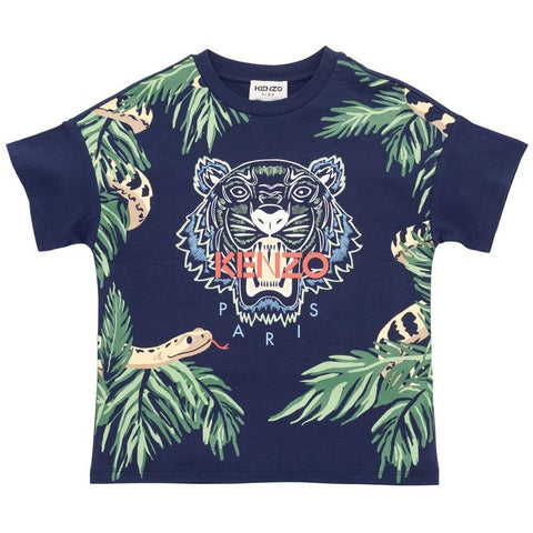 Kenzo Kids Boys Navy Leaf Print T-Shirt Kenzo Kids Boys Navy Leaf Print T-Shirt