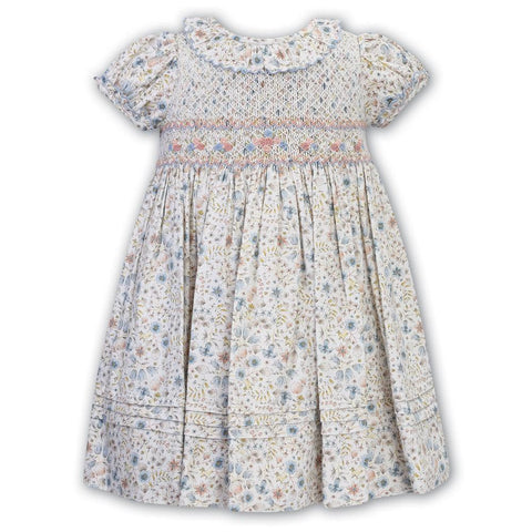 Sarah Louise Girls Ivory / Blue Woodland Print Dress Sarah Louise Girls Ivory / Blue Woodland Print Dress