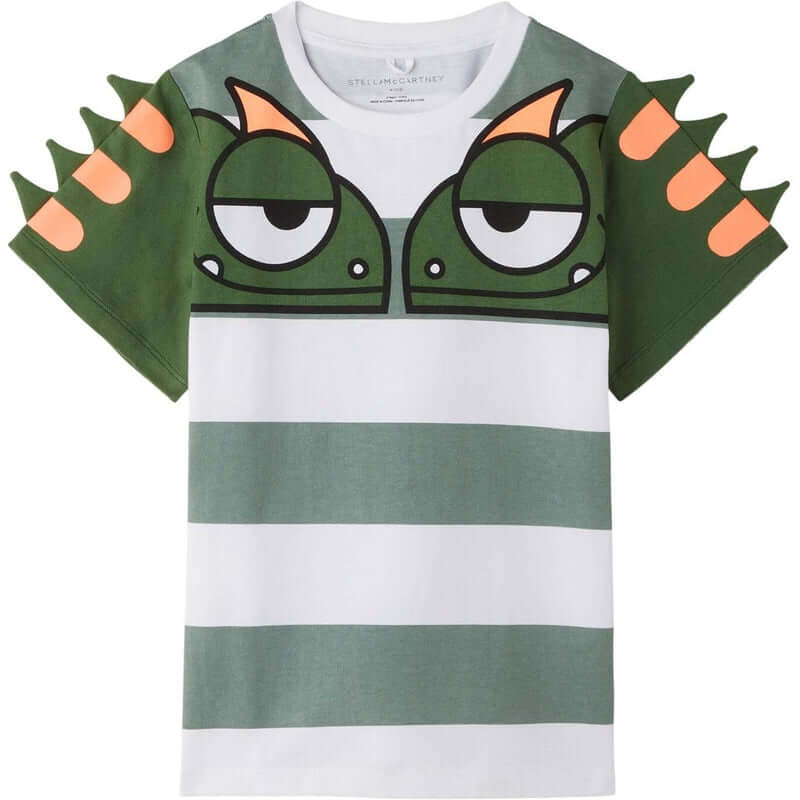 Stella McCartney Kids Boys Green & White Stripe Gecko T-Shirt Stella McCartney Kids Boys Green & White Stripe Gecko T-Shirt