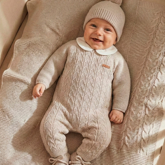 Boys Beige Knitted Babygrow