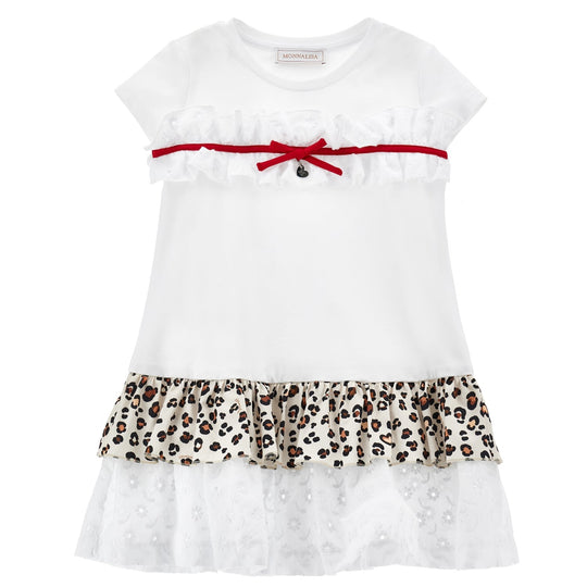 Girls White Leopard Print Frill Dress