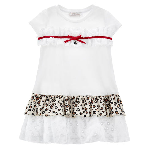 Monnalisa Girls White Leopard Print Frill Dress