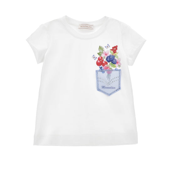 Girls White Flower Pocket T-Shirt