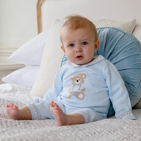 Baby Boys Blue Milo Knitted Teddy Babygrow with Hat