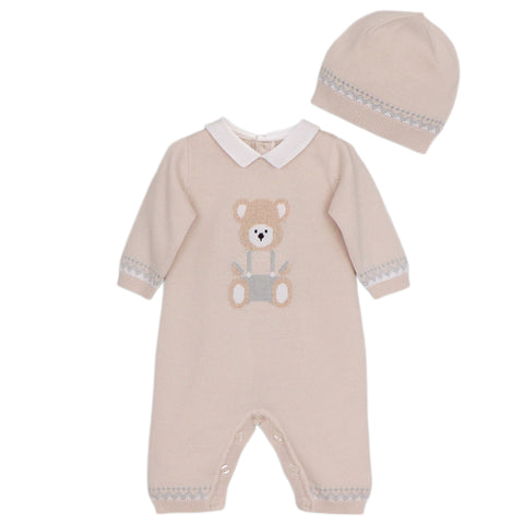 Baby Boys Beige Milo Knitted Teddy Babygrow with Hat