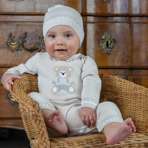 Baby Boys Beige Milo Knitted Teddy Babygrow with Hat