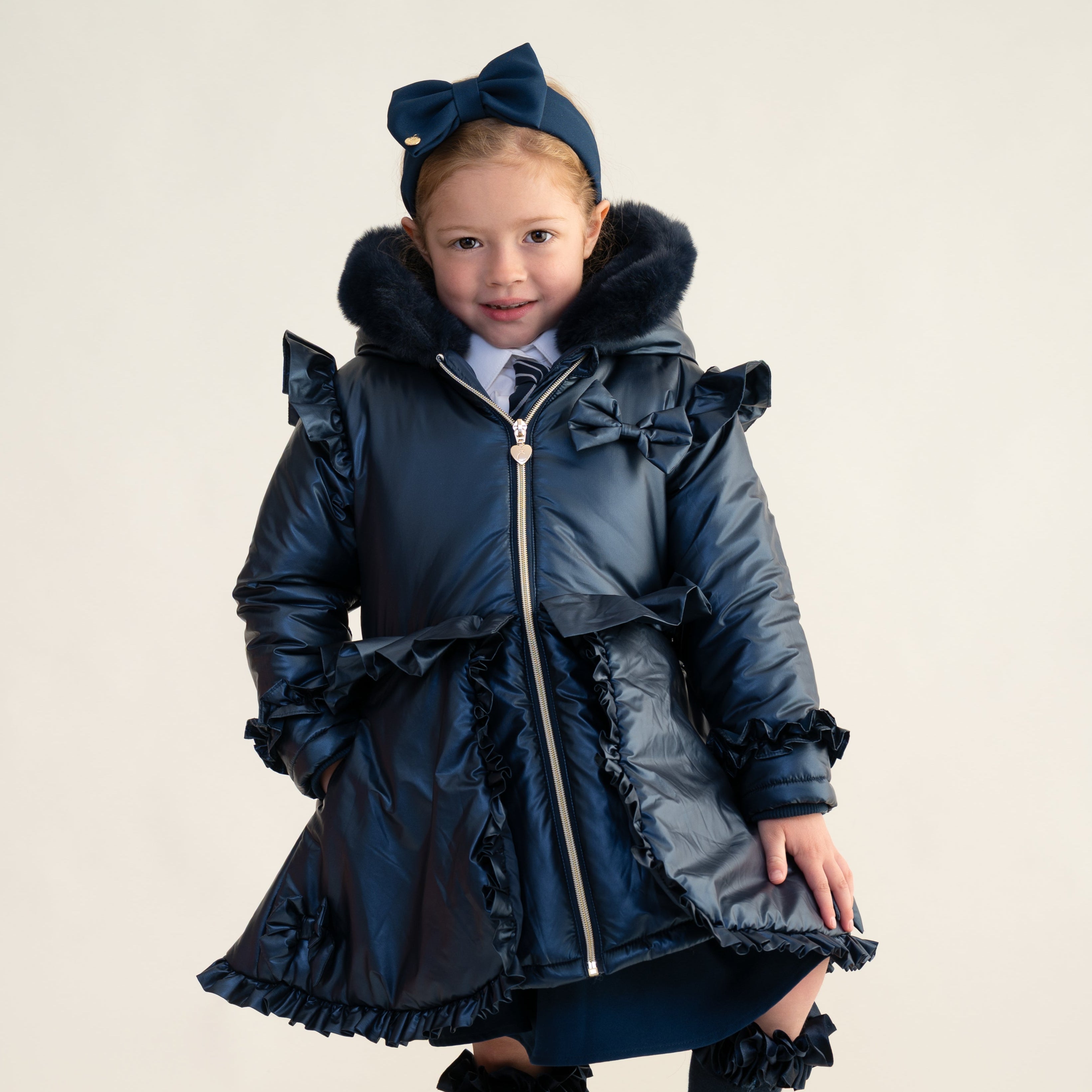 Caramelo Kids Girls Navy Frill Coat with Faux Fur Trim Hood