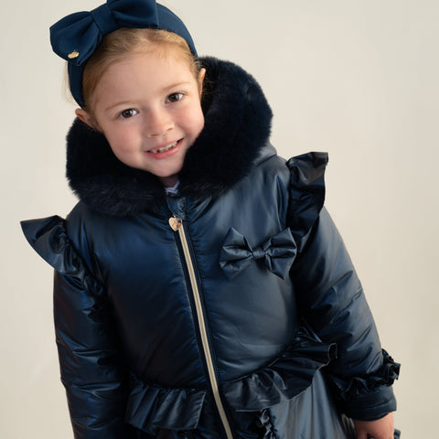 Caramelo Kids Girls Navy Frill Coat with Faux Fur Trim Hood