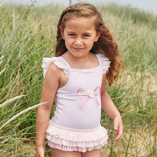 Girls Pink Tulle Frill Swimsuit