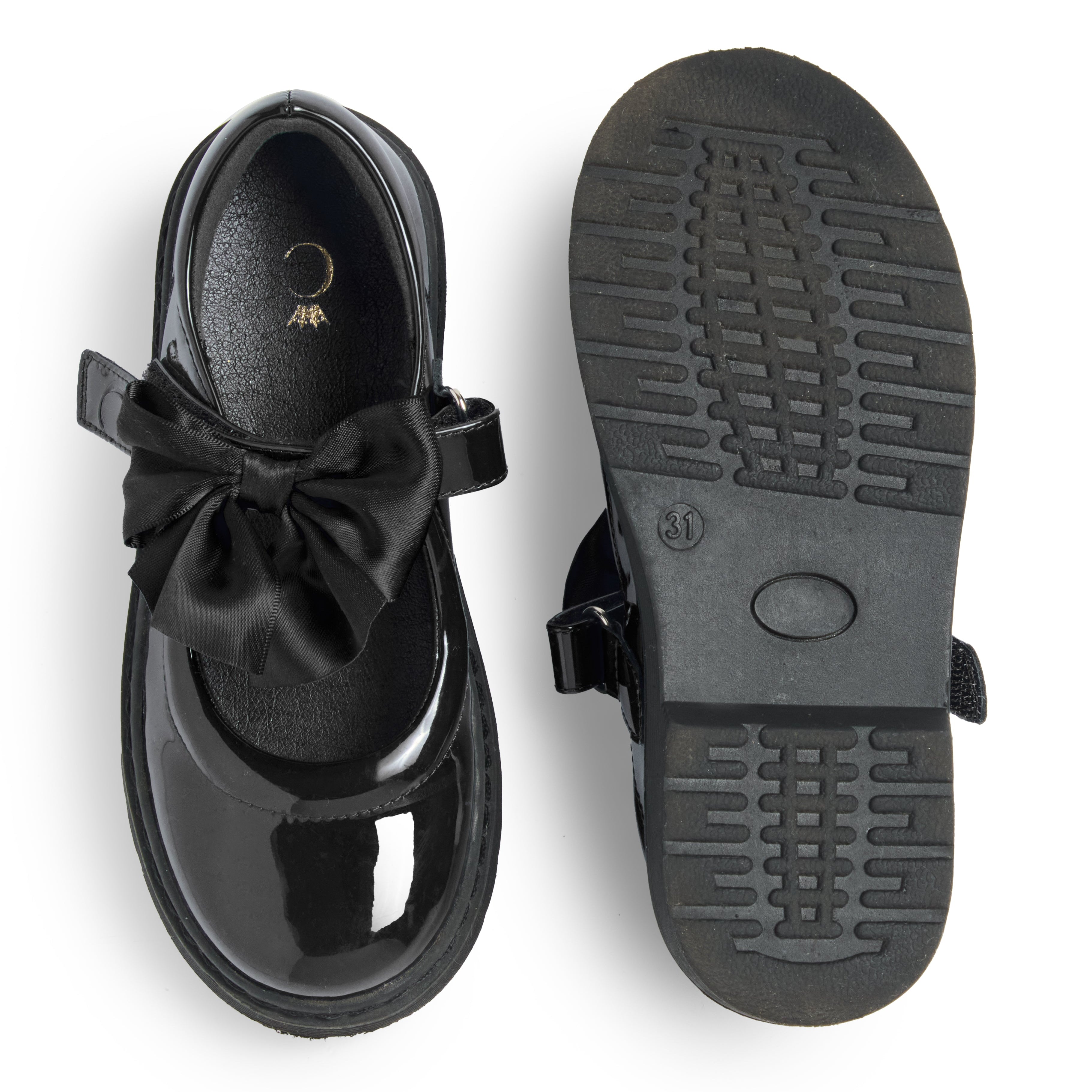 Caramelo Kids Girls Black Bow School Shoes