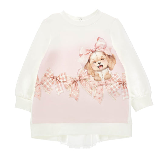 Girls Cream Puppy Bow Dress