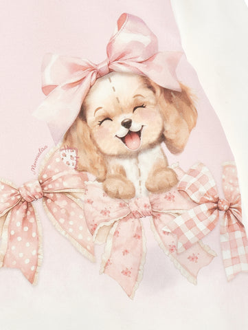 Monnalisa Girls Cream Puppy Bow Dress