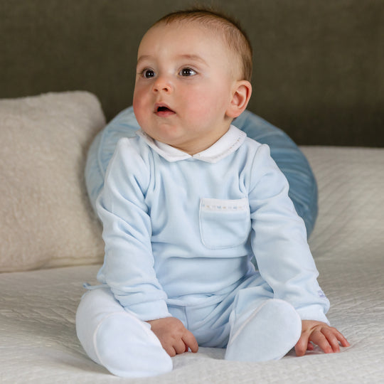 Baby Boys Blue Mason Velour Babygrow