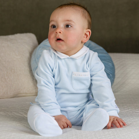 Baby Boys Blue Mason Velour Babygrow