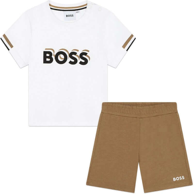BOSS Baby Boys White & Brown Cotton Short Set
