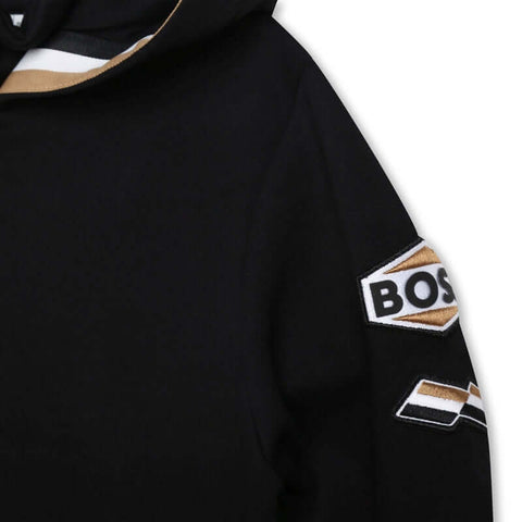 BOSS Boys Black Logo Badge Hooded Jacket