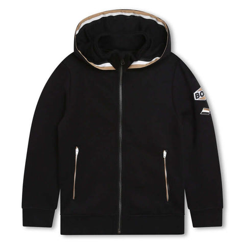 BOSS Boys Black Logo Badge Hooded Jacket